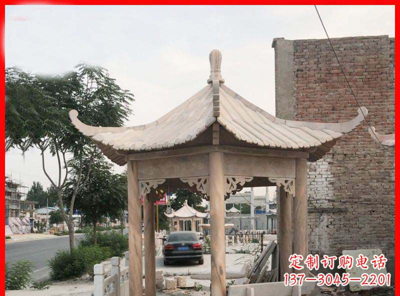 桂林公园晚霞红六角石凉亭雕塑