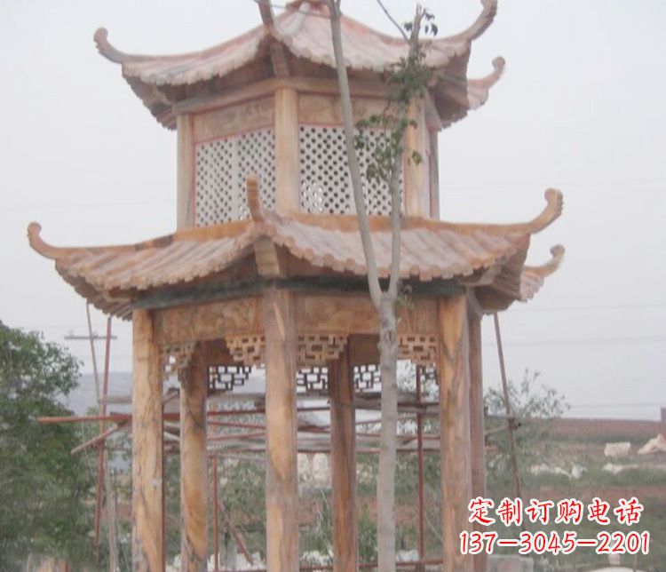 桂林双层晚霞红石凉亭石雕 (2)