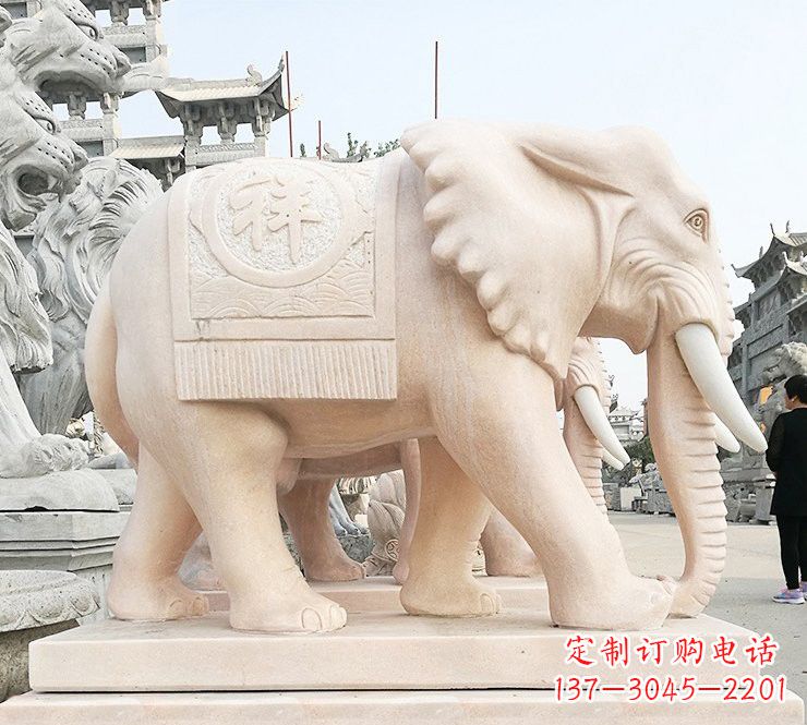 桂林晚霞红吉祥如意大象石雕