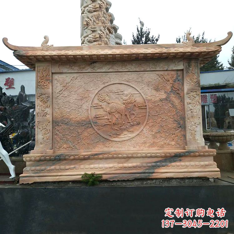 桂林晚霞红麒麟影壁墙石雕