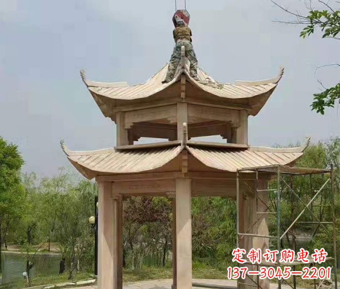 桂林晚霞红双层凉亭石雕 (2)
