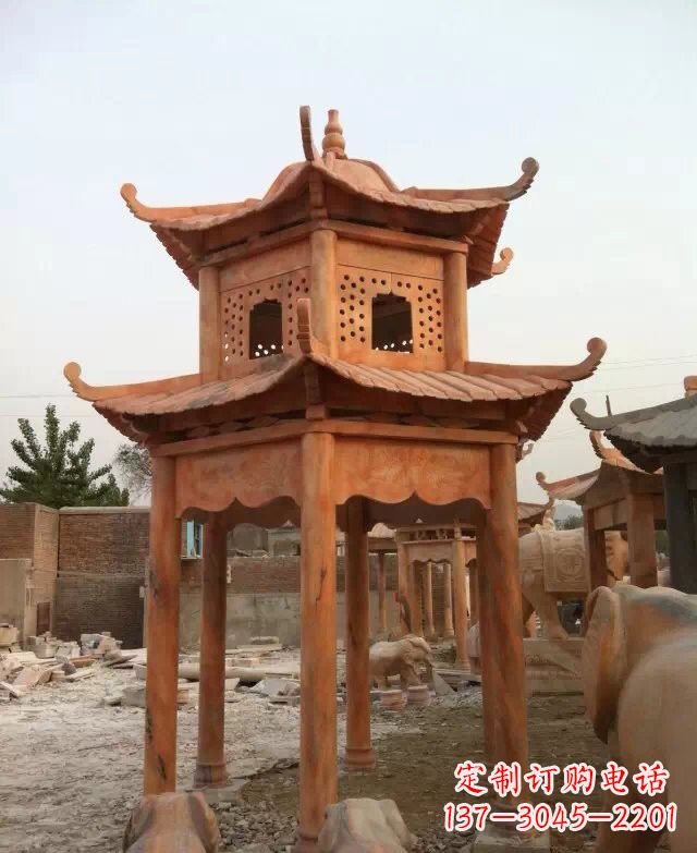 桂林晚霞红双层凉亭石雕