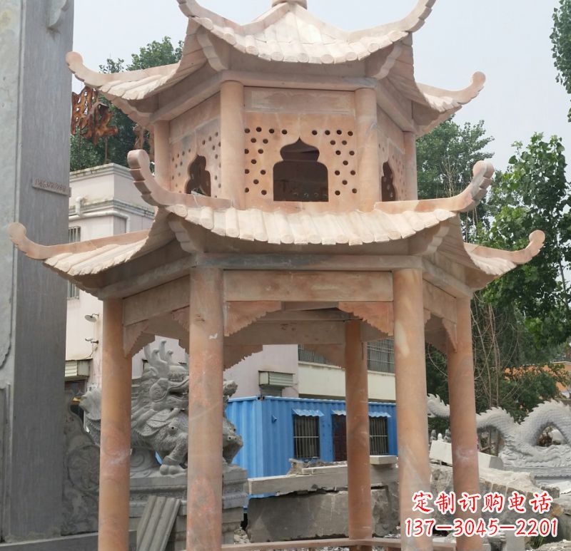 桂林晚霞红双层六角凉亭石雕 (2)
