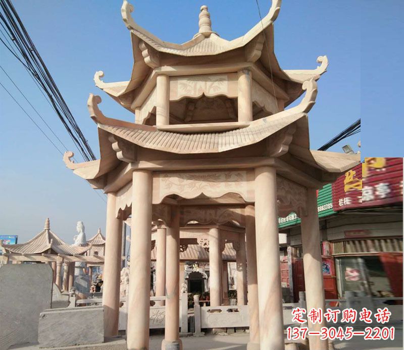 桂林晚霞红双层六角凉亭石雕 (3)