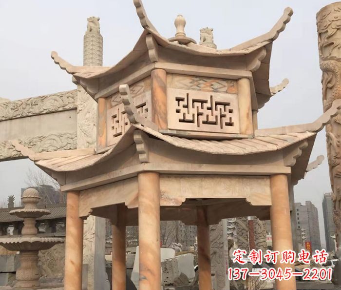 桂林晚霞红双层石雕凉亭