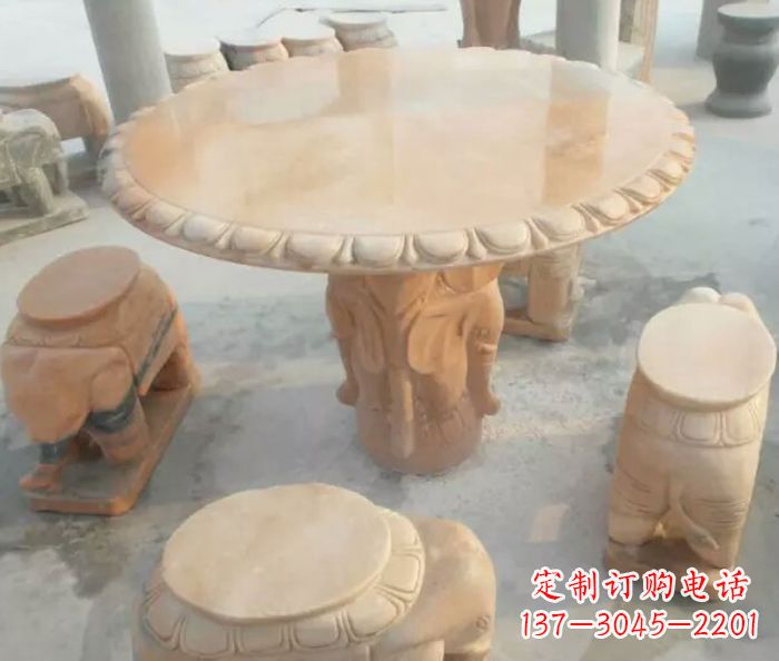 桂林晚霞红小象桌凳别墅石雕 (2)