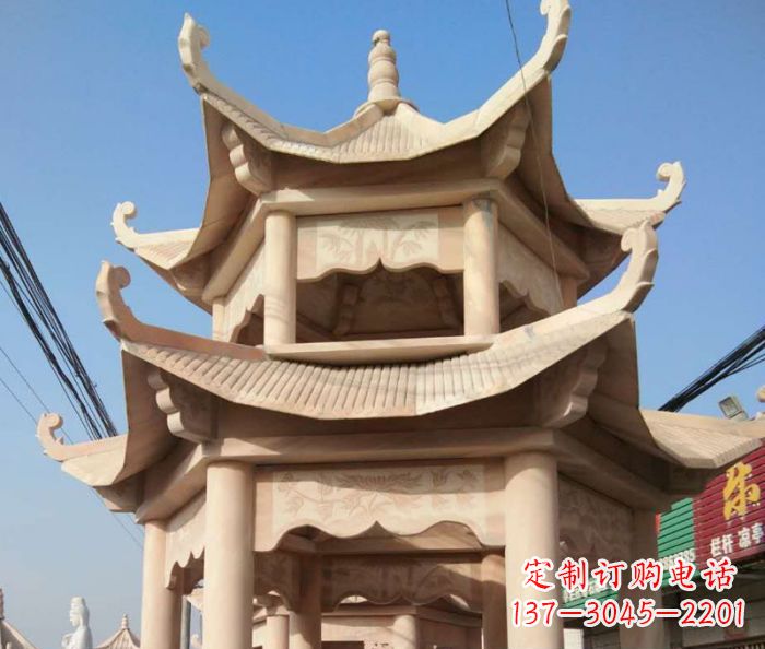 桂林园林景观晚霞红双层石雕凉亭 (2)
