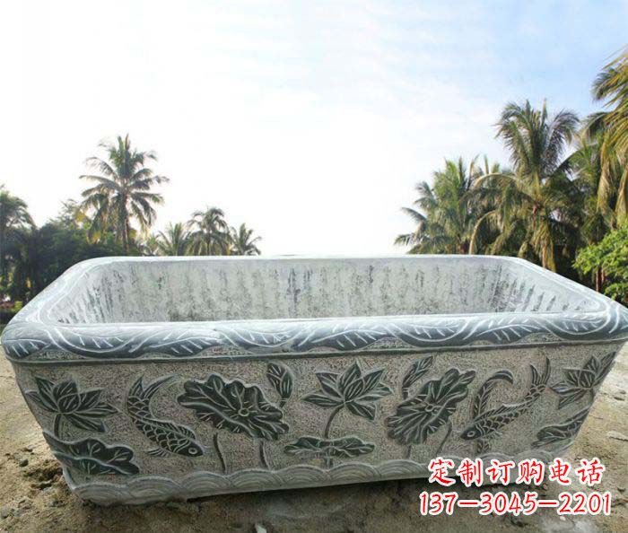 桂林长方形连年有余荷花浮雕石水缸